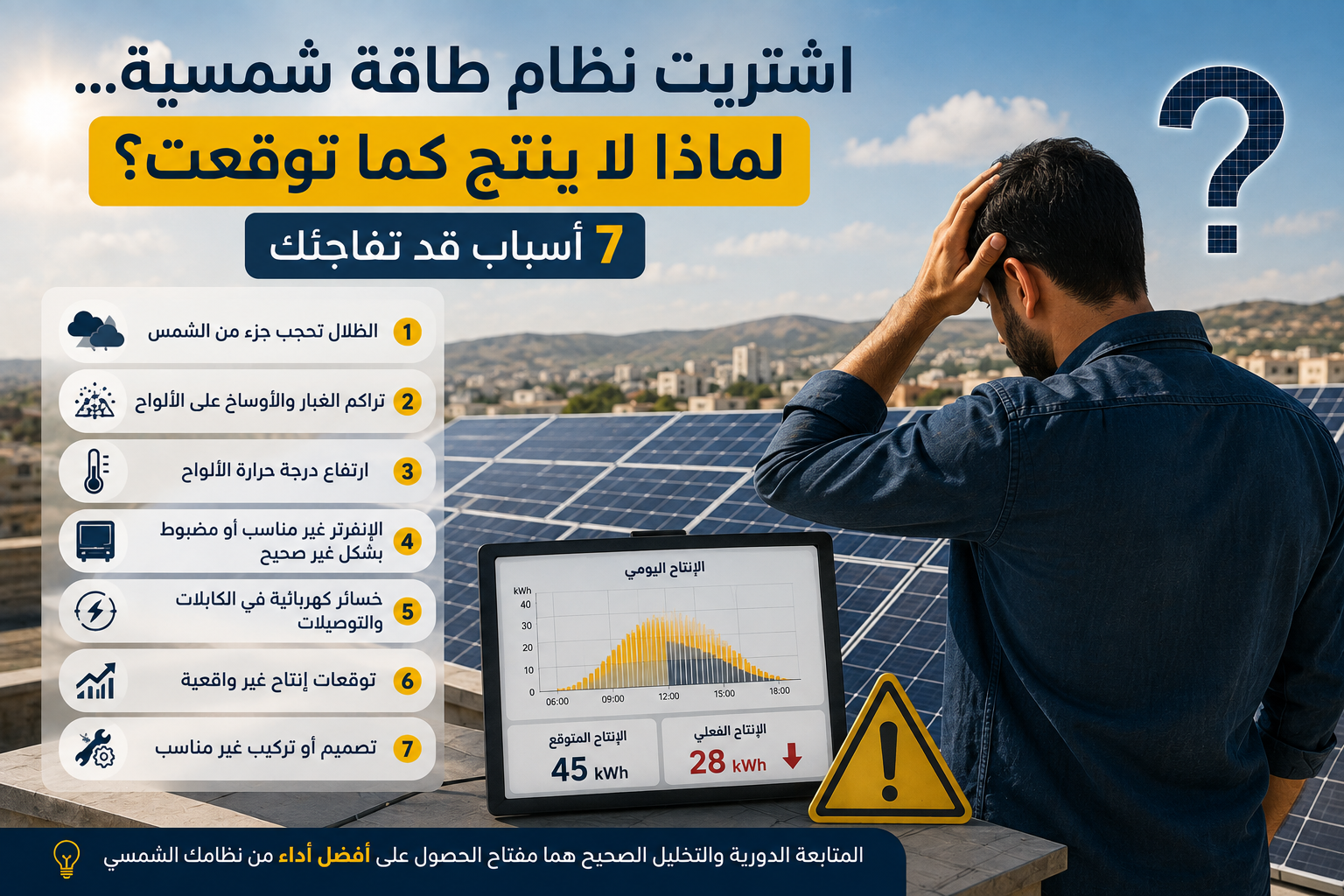 اشتريت نظام طاقة شمسية… فلماذا لا ينتج كما توقعت؟ 7 أسباب قد تفاجئك
